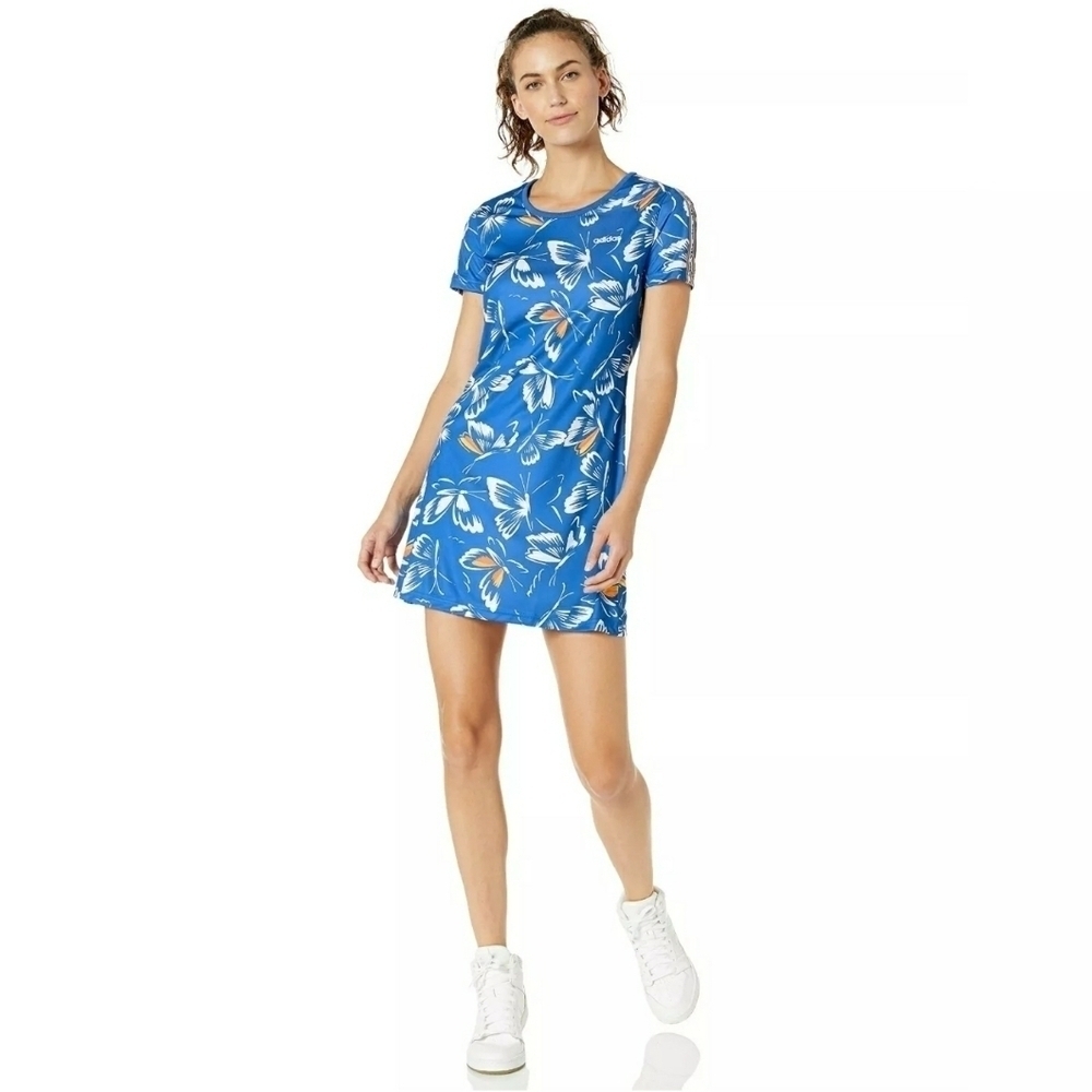 Adidas Farm Sport T-Shirt Dress Floral Butterfly Print Royal Blue Stretch Mini S